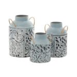 Metal Embossed Floral Decorative Blue Vase with Gold Handles Set - Image 7