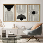 Mid-Century Modern Black And White Minimalist Abstract Home Decor Framed Wall Art Work Canvas Print