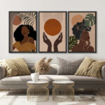Mid Century Modern Boho " African American Stylish Black Woman Female Portrait Mid-Century Modern Boho Abstract Jungle Plant " 3 - Pieces - Image 3