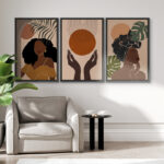 Mid Century Modern Boho " African American Stylish Black Woman Female Portrait Mid-Century Modern Boho Abstract Jungle Plant " 3 - Pieces - Image 6
