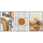 Mid Century Modern Boho Brown Abstract Sun Tropical Plant - Framed 3 Piece Set Canvas Print Picture - Image 4