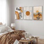 Mid Century Modern Boho Brown Abstract Sun Tropical Plant - Framed 3 Piece Set Canvas Print Picture