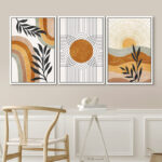 Mid Century Modern Boho Brown Abstract Sun Tropical Plant - Framed 3 Piece Set Canvas Print Picture - Image 2