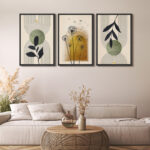Mid Century Modern Boho Green Yellow Abstract Botanical Decor - 3 Piece Set Canvas Print Wall Art - Image 4