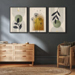 Mid Century Modern Boho Green Yellow Abstract Botanical Decor - 3 Piece Set Canvas Print Wall Art - Image 6