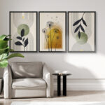 Mid Century Modern Boho Green Yellow Abstract Botanical Decor - 3 Piece Set Canvas Print Wall Art - Image 7