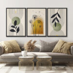 Mid Century Modern Boho Green Yellow Abstract Botanical Decor - 3 Piece Set Canvas Print Wall Art - Image 8