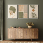 Mid Century Modern Boho Organic Tropical Leaf Abstract Framed Canvas 3 Pieces Print Wall Art - Image 4