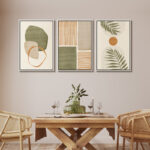 Mid Century Modern Boho Organic Tropical Leaf Abstract Framed Canvas 3 Pieces Print Wall Art