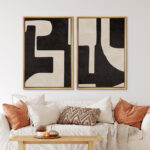 Mid Century Shape Black & Cream Geometric Paint Stroke Abstract Neutral Décor Framed Canvas 2 Pieces Print Wall Art - Image 6
