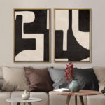 Mid Century Shape Black & Cream Geometric Paint Stroke Abstract Neutral Décor Framed Canvas 2 Pieces Print Wall Art