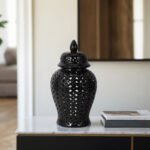 Modern Decorative Jar for Home Decor â€“ Glossy Ceramic Table Jar with Pierced Cutout Design â€“ Stylish Accent for Shelf, Console, or Mantel â€“ Ideal for Contemporary and Transitional Spaces