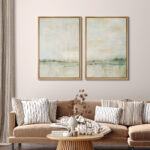 Pastel Green Abstarct Lake Landscape Neutral Minimalist Framed Canvas 2 Pieces Print Set Wall Art - Image 8