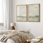 Pastel Green Abstarct Lake Landscape Neutral Minimalist Framed Canvas 2 Pieces Print Set Wall Art - Image 2