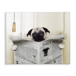 Pug Reading Newspaper in Bathroom - Graphic Art Print