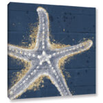 Raye 'Calm Seas XI No Words' by Janelle Penner, Gold & White Abstract Starfish on Navy Pallet, Beach & Ocean Wall Art
