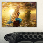 Sea Mermaid with Ghost Ship - Graphic Art Print