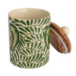 Stoneware Canister with Botanical Design and Acacia Wood Lid, Green - Image 2