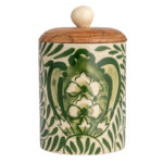 Stoneware Canister with Botanical Design and Acacia Wood Lid, Green