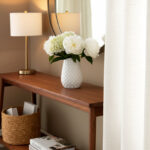 Stoneware Ceramic Vase with Textured Diamond Basket-Weave Pattern and Brown Rim - 6x6x9 White Casual Home Decor for Living Room, Office, Bedroom or Home Display