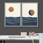 Sun And Moon " Abstract Sun Over Blue Watercolor Ocean Waves Modern Minimalist Landscape " 2 - Pieces - Image 4