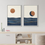 Sun And Moon " Abstract Sun Over Blue Watercolor Ocean Waves Modern Minimalist Landscape " 2 - Pieces - Image 2