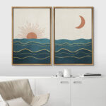 Sun And Moon " Shining Sun And Crescent Moon Over Teal Ocean Waves " 2 - Pieces - Image 5