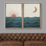 Sun And Moon " Shining Sun And Crescent Moon Over Teal Ocean Waves " 2 - Pieces - Image 6