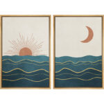 Sun And Moon " Shining Sun And Crescent Moon Over Teal Ocean Waves " 2 - Pieces - Image 7