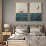 Sun And Moon " Shining Sun And Crescent Moon Over Teal Ocean Waves " 2 - Pieces - Image 8