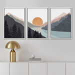 Sun Mountain Landscape Range Abstract Lake Nature Wall Art Decor Framed Canvas 3 Pieces Print Set - Image 3