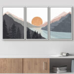 Sun Mountain Landscape Range Abstract Lake Nature Wall Art Decor Framed Canvas 3 Pieces Print Set - Image 5