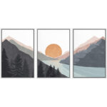 Sun Mountain Landscape Range Abstract Lake Nature Wall Art Decor Framed Canvas 3 Pieces Print Set - Image 6