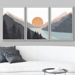 Sun Mountain Landscape Range Abstract Lake Nature Wall Art Decor Framed Canvas 3 Pieces Print Set - Image 7