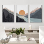 Sun Mountain Landscape Range Abstract Lake Nature Wall Art Decor Framed Canvas 3 Pieces Print Set - Image 2