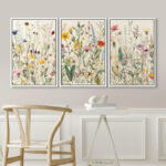 Vibrant Wildflower " Colorful Boho French Floral Decor " Large Framed Canvas Print 3 Pieces Wall Art - Image 6