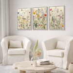 Vibrant Wildflower " Colorful Boho French Floral Decor " Large Framed Canvas Print 3 Pieces Wall Art - Image 2