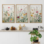 Vibrant Wildflower Green Garden Floral Boho Artwork Framed On Canvas 3 Piece Paintings Print Wall Decor - Image 4