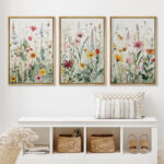 Vibrant Wildflower Green Garden Floral Boho Artwork Framed On Canvas 3 Piece Paintings Print Wall Decor
