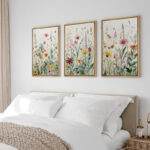 Vibrant Wildflower Green Garden Floral Boho Artwork Framed On Canvas 3 Piece Paintings Print Wall Decor - Image 2