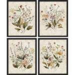 Vintage Wildflowers Bouquet Antique Botanical Floral Pictures Framed Paper 4 Pieces Print Wall Art