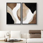 Watercolor Tan Brown Waves Organic Modern Abstract Wall Art Framed On Canvas 2 Piece Painting Print