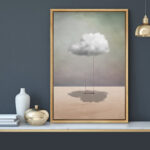 Whimsical Desert Swing On Cloud In Desert - Whimsical Surreal Pictures Neutral Framed Canvas Painting Print Wall Art - Image 3
