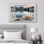 Window Scenery Green Peaceful Lake Natural Landscape Photography Pictures Canvas Print Wall Art - Image 2