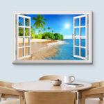 Window Scenery Sunny Blue Sky Tropical Beach Coastal Palm Trees On Canvas Photograph Print Wall Art - Image 5