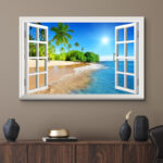 Window Scenery Sunny Blue Sky Tropical Beach Coastal Palm Trees On Canvas Photograph Print Wall Art - Image 6