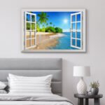 Window Scenery Sunny Blue Sky Tropical Beach Coastal Palm Trees On Canvas Photograph Print Wall Art - Image 2