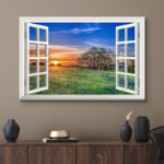 Window Scenery Sunrise Blue Wild Flowers In A Spring Field Nature Scene Large Canvas Print Wall Art - Image 5