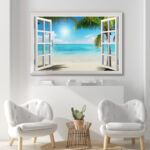Window Scenery Tropical Green Palm Tree Coastal Beach Blue Ocean Photography Canvas Print Wall Art - Image 7