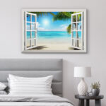 Window Scenery Tropical Green Palm Tree Coastal Beach Blue Ocean Photography Canvas Print Wall Art - Image 2